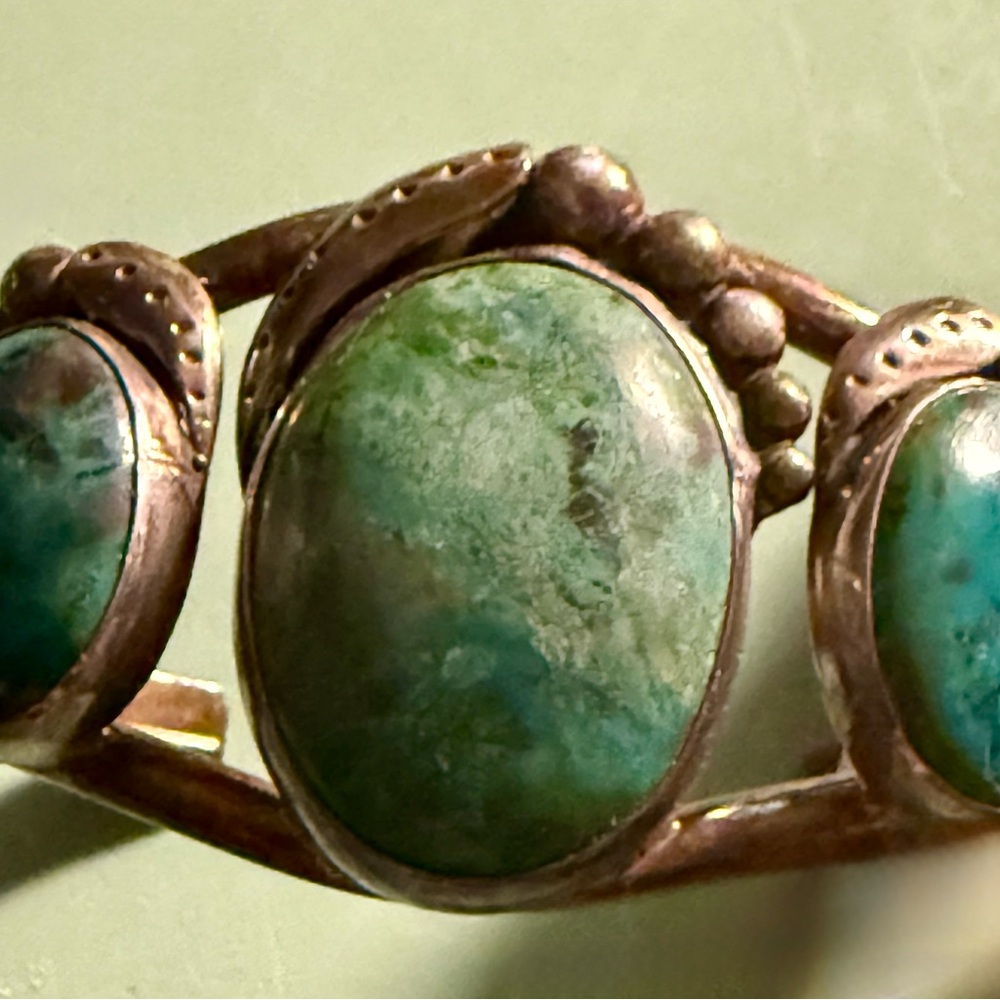 Signed Sterling Silver Turquoise Three-Stone Cuff Bracelet - Picture 14 of 15